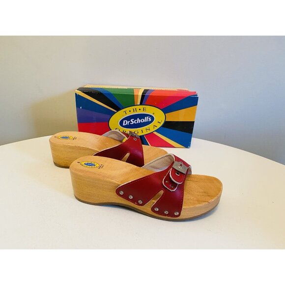 Dr Scholls Women Size 8 M Wood Exercise Clog Sandal Red Leather Slide Shoe New - Picture 4 of 13